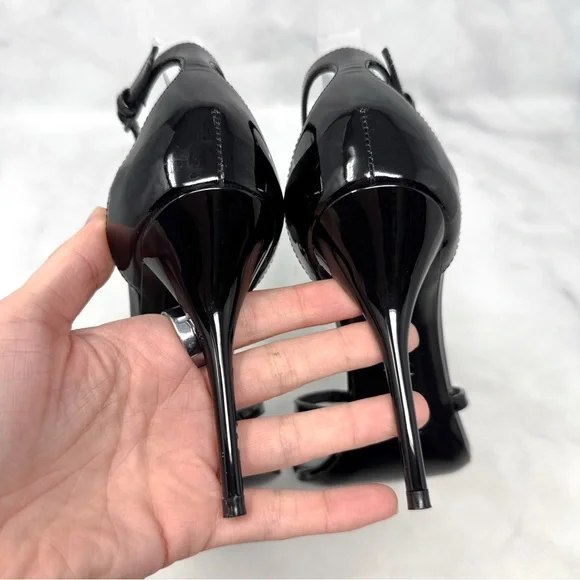Saint Laurent YSL Cassandra Patent Leather Strappy Sandal Heels Black Gold 36.5 - Picture 10 of 16